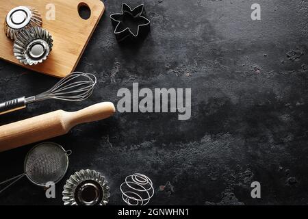 baking dish on black background with place for text Stock Photo
