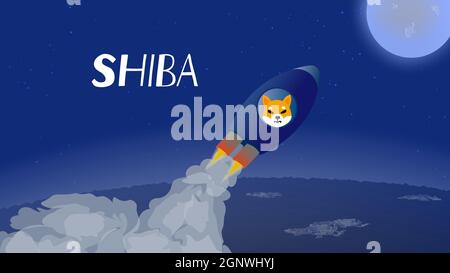 Shiba flies to the moon in spaceship. Rocket with a dog's muzzle takes off from the ground and rushes upward. Symbolizes the Shiba Inu SHIB or DOGE pr Stock Vector