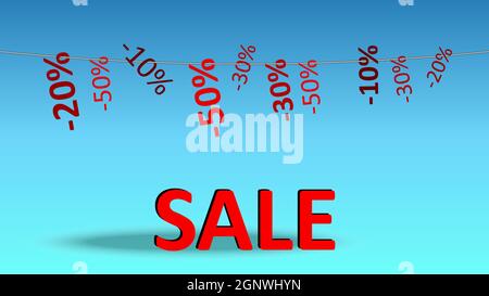 Banner with the inscription SALE on a light blue background. Different numbers with percentages hang on a rope. Suitable for website and advertising c Stock Vector