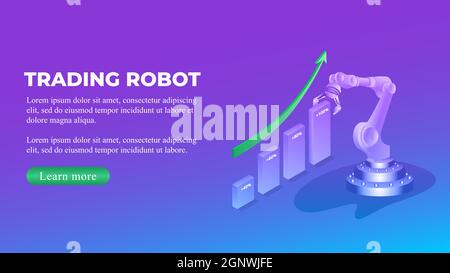 Trading robot isometric concept with chart and upward arrow and copy space. Automatic bot trading banner. Vector illustration. Stock Vector