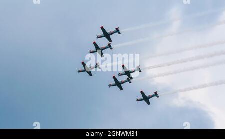 Six polish turboprop training aircrafts "Orlik" flying in V formation Stock Photo