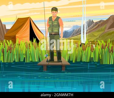 Fisherman fishing. Camping on the banks of a fast mountain river. Tent and bonfire. Summer landscape. Illustration vector. Stock Vector