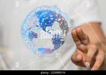 Closeup shot on the global network connection, World map point and line composition concept 3D Stock Photo