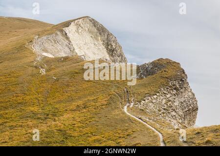 Panoramic view of the famous Passo Cattivo with big landslide caused by earthquake of 2016 in the national park of Monti Sibillini, Marche Italy Stock Photo