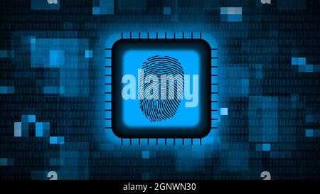 Fingerprint logo on chip sensor - abstract background in blue of blurred binary code - security scanning identification concept Stock Photo