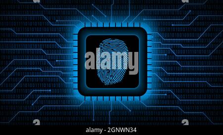 Fingerprint logo on chip sensor - abstract background in blue of blurred binary code behind information connecting lines - security scanning Stock Photo