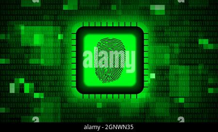 Fingerprint logo on chip sensor - abstract background in green of blurred binary code - security scanning identification concept Stock Photo