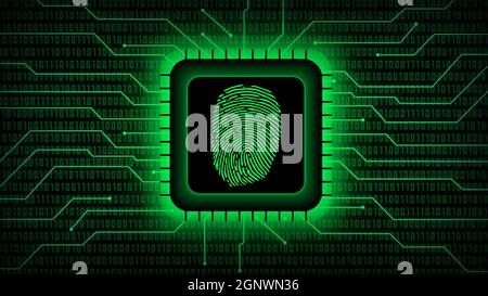 Fingerprint logo on chip sensor - abstract background in green of blurred binary code behind information connecting lines - security scanning Stock Photo