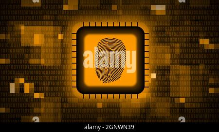 Fingerprint logo on chip sensor - abstract background in orange of blurred binary code - security scanning identification concept Stock Photo