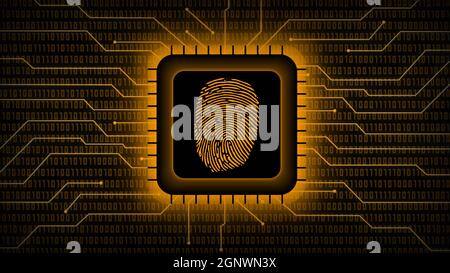 Fingerprint logo on chip sensor - abstract background in orange of blurred binary code behind information connecting lines - security scanning Stock Photo