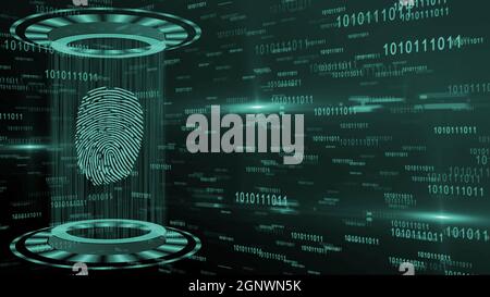 Abstract 3D graphic illustration on turquoise digital background - shining light beam in cylinder shape with floating fingerprint between circular HUD Stock Photo