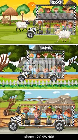 Set of different safari horizontal scenes with animals and kids cartoon character illustration Stock Vector