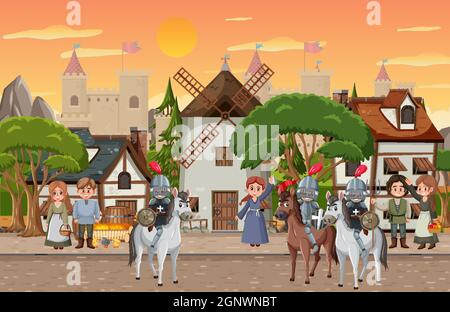 Medieval town at sunset time scene with villagers illustration Stock ...