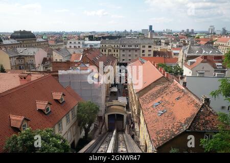 Historic lower town architecture rooftops and funicular connecting the Ilica Street with Strossmayer Promenade, Zagreb, Croatia Stock Photo