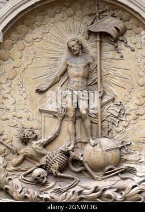 Resurrection of Christ, Architectural details from the external walls of St Stephen's Cathedral in Vienna, Austria Stock Photo