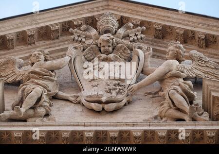 Coat of arms of Pope Alexander VII Chigi on the portal of Sant Andrea della Valle Church in Rome, Italy Stock Photo