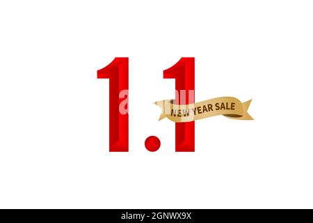 1.1 sale, 1.1 online sale, New Year Sale gradient red with golden ribbon isolated white background for poster or flyer design, social media banner, online shop label promotion, web banner. Stock Vector