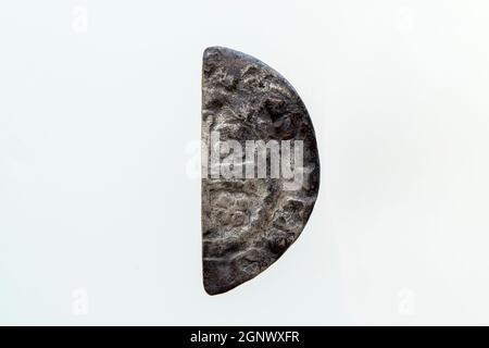 Silver short cross cut half penny English hammered coin of King Henry II of the 12th century dated around 1180- 1189  minted in London England isolate Stock Photo