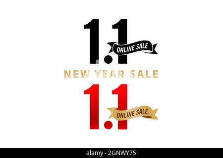 1.1 sale, 1.1 Online sale, New Year Sale, golden ribbon black and red color isolated white background Online shopping poster or flyer design, social media banner, shopping online festival, web banner Stock Vector