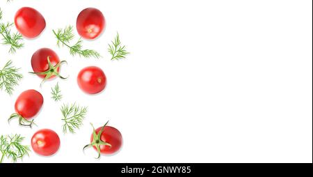 Isolated vegetable. Raw tomato fruits and fresh dill. Top view isolated on white background. Panorama website header banner. High quality photo. Stock Photo