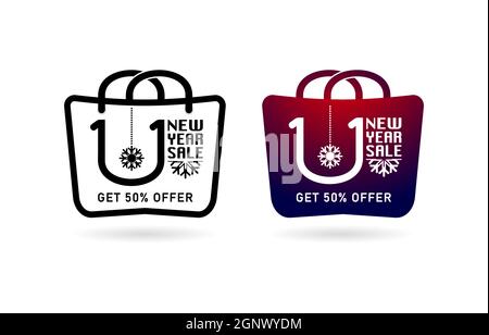 Shopping bag 1.1 sale, handbag 1.1 online sale, set of sale labels, icons shopping bag and handbag illustration monochrome design, New year sale shopping illustration poster, flyer, banner. Stock Vector