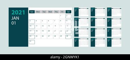 Calendar 2021 week start Sunday corporate design planner template on green background Stock Vector