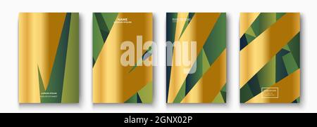 Luxurious and rich cover vector illustration set, golden foil and gold lines. Green abstract background template invitation. Geometric shapes trendy pattern for design presentation, print, web Stock Vector