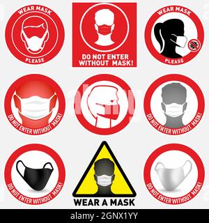 Set of face mask required vector signs. Facemask or covering must be worn in shops or public spaces during coronavirus covid-19 social distancing pandemic. Variety set of vector icons and slogan signs Stock Vector