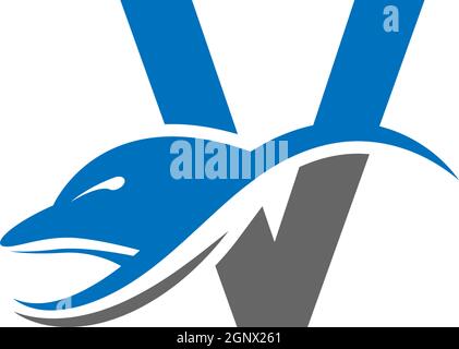 Dolphin with Letter V logo icon design concept vector template Stock Vector