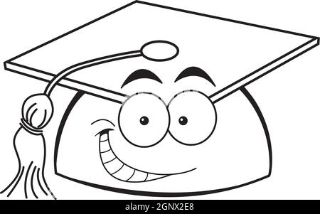 Black and white illustration of a smiling graduation cap. Stock Vector