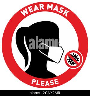 Vector red circle sign with text wear mask please. Character with white face mask. Isolated on white background. Stock Vector