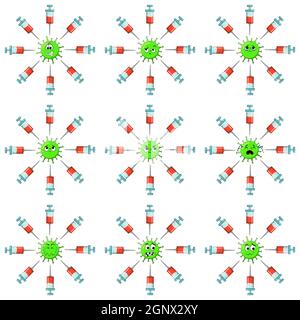 Covid 19 vaccine set with coronavirus character. Big collection of Vaccination symbol. Concept of virus being scared and afraid of injection. Vector illustration isolated on white background. Stock Vector
