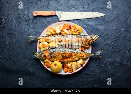 Delicious mackerel or scomber in apples and cranberry Stock Photo
