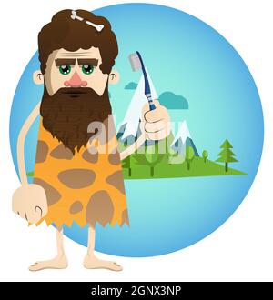 Man from prehistoric era holding a toothbrush. Stock Vector