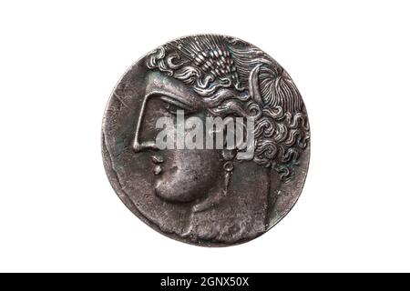Silver 5 shekel Carthaginian coin replica with portrait of Tanit the sky goddess and the winged horse Pegasus on the reverse from the First Punic War Stock Photo