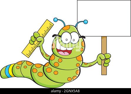 Cartoon illustration of an inchworm holding a sign and a ruler. Stock Vector