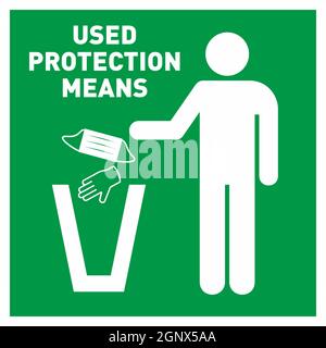 Warning sign, icon info. Disposing bin for used face masks, gloves, ppe only sticker. Coronavirus covid-19 healthcare safety measure. Vector element isolated on white background for shop, store. Stock Vector