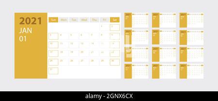 Calendar 2021 week start Sunday corporate design planner template on yellow background Stock Vector