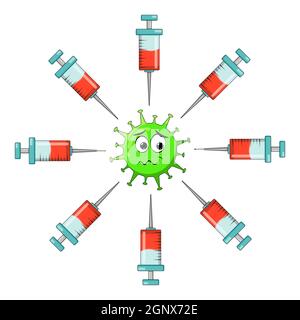Corona virus character being nervous of vaccination agains covid-19 . Vector illustration isolated on white background. Stock Vector