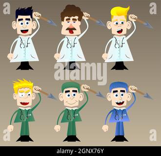 Funny cartoon doctor holding spear in his hand. Stock Vector