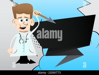 Funny cartoon doctor holding spear in his hand. Stock Vector