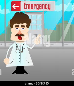 Funny cartoon doctor saying no with his finger. Stock Vector