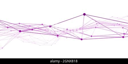 Network wireframe of connected purple lines and dots against white background Stock Photo