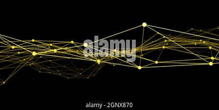 Network wireframe of connected yellow lines and dots against black background Stock Photo