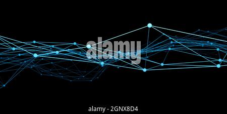 Network wireframe of connected blue lines and dots against black background Stock Photo