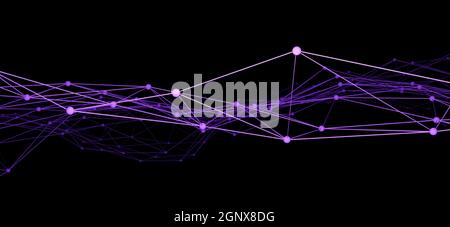Network wireframe of connected purple lines and dots against black background Stock Photo
