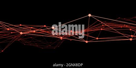 Network wireframe of connected red lines and dots against black background Stock Photo