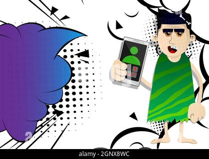 Cartoon man from prehistoric era holding a cell phone in his hand. Stock Vector