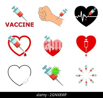 Vaccine icon set. Symbols of vaccination against covid 19. Contains designs of different injection and clip arts. Vector illustration isolated on white background. Stock Vector