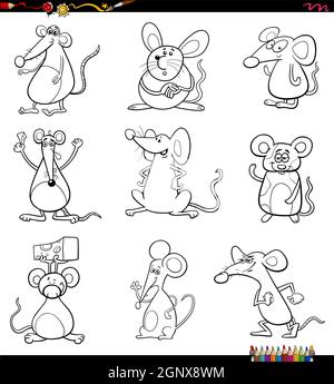 cartoon mice animal characters set coloring book page Stock Vector
